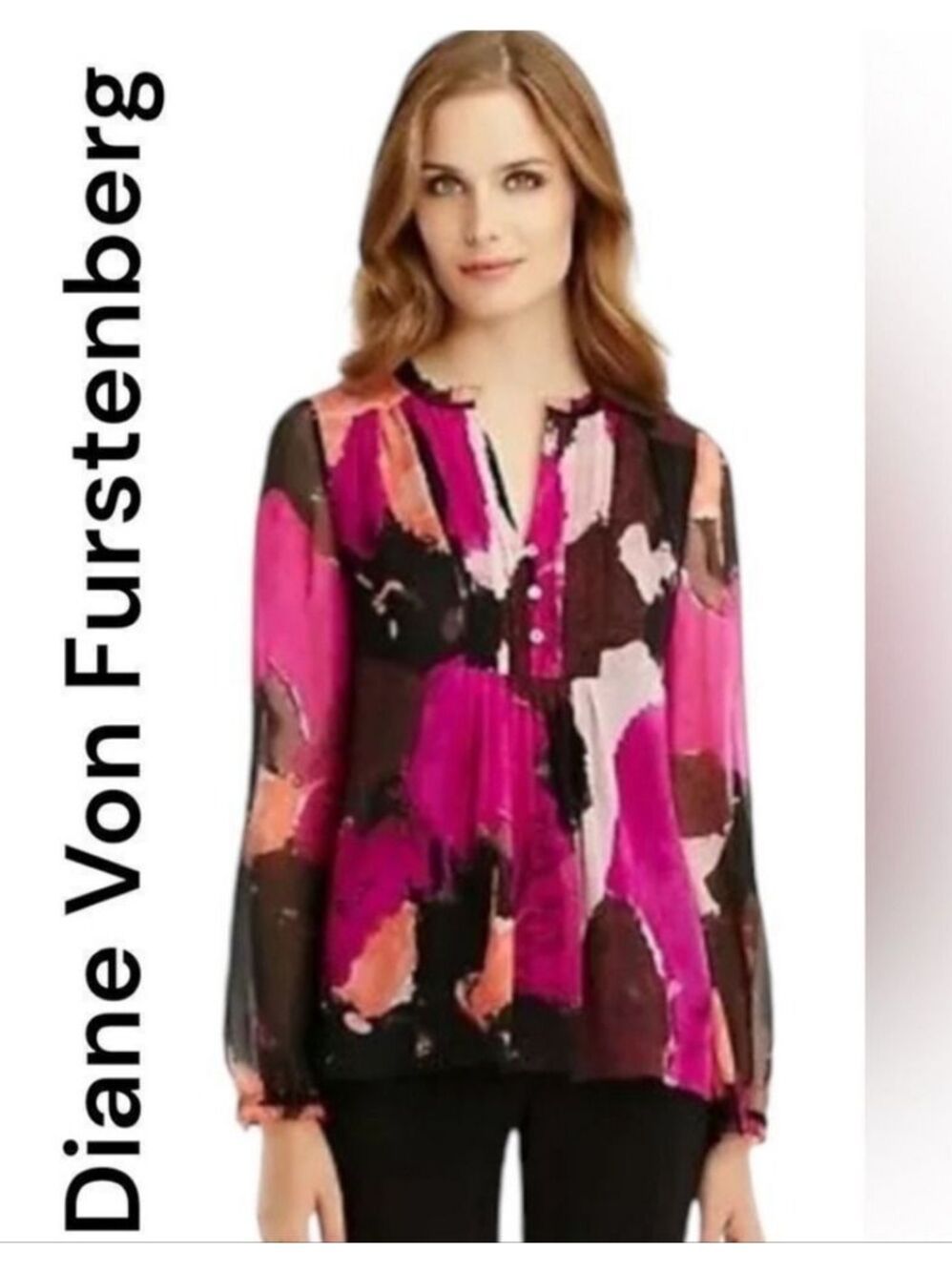 Diane von Furstenberg Annalise Dancing Explosion Pleated Silk Blouse, Size 12